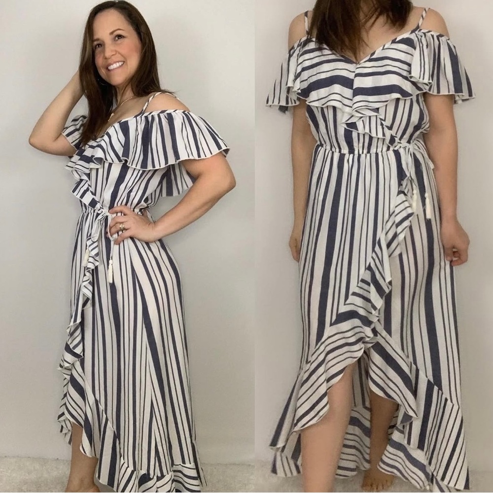 Striped Off-Shoulder Ruffle Dress